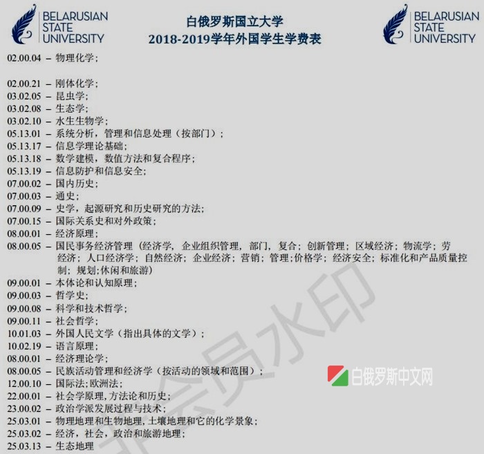 白俄罗斯国立大学本科研究生、博士专业表和双学位介绍