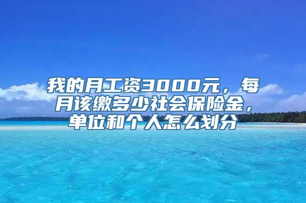 我的月工资3000元，每月该缴多少社会保险金，单位和个人怎么划分