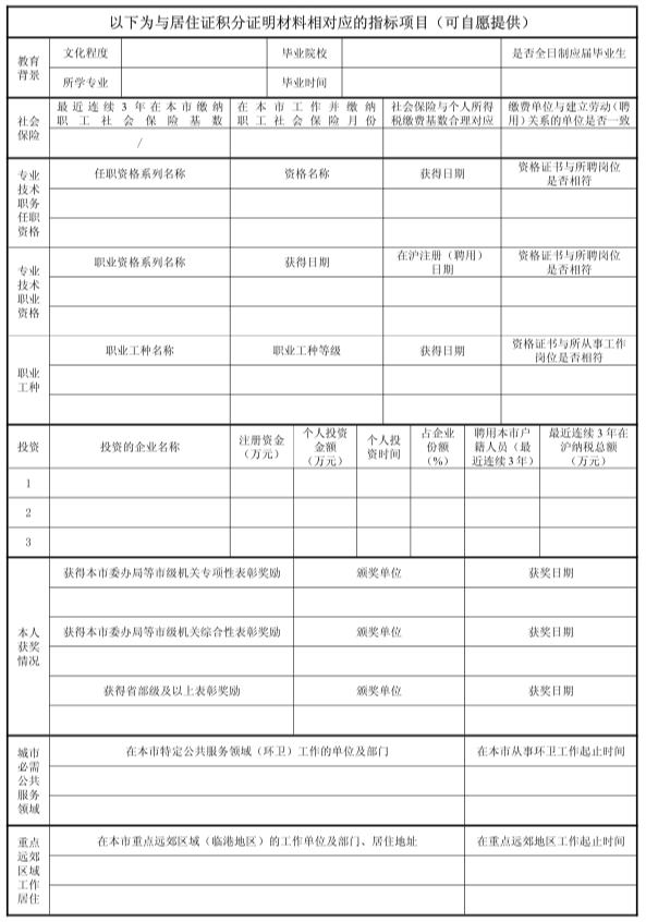 上海居住证积分申请表